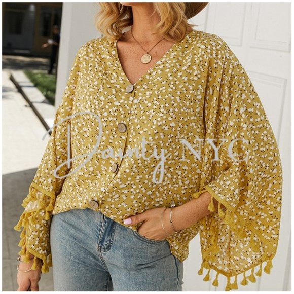Boho Yellow Confetti Blouse Tassel Fringe Sleeve - Picture 2 of 9